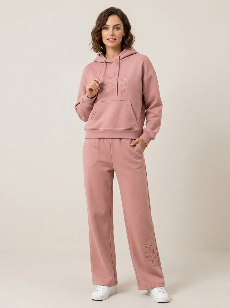 Women's Dusty Rose Solid Hoodie & Wide-Leg Pants Set