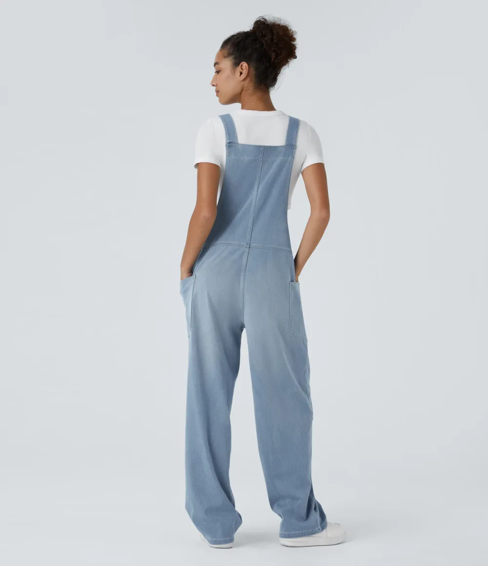 Magic V Neck Side Pocket Washed Stretchy Knit Denim Casual Overalls