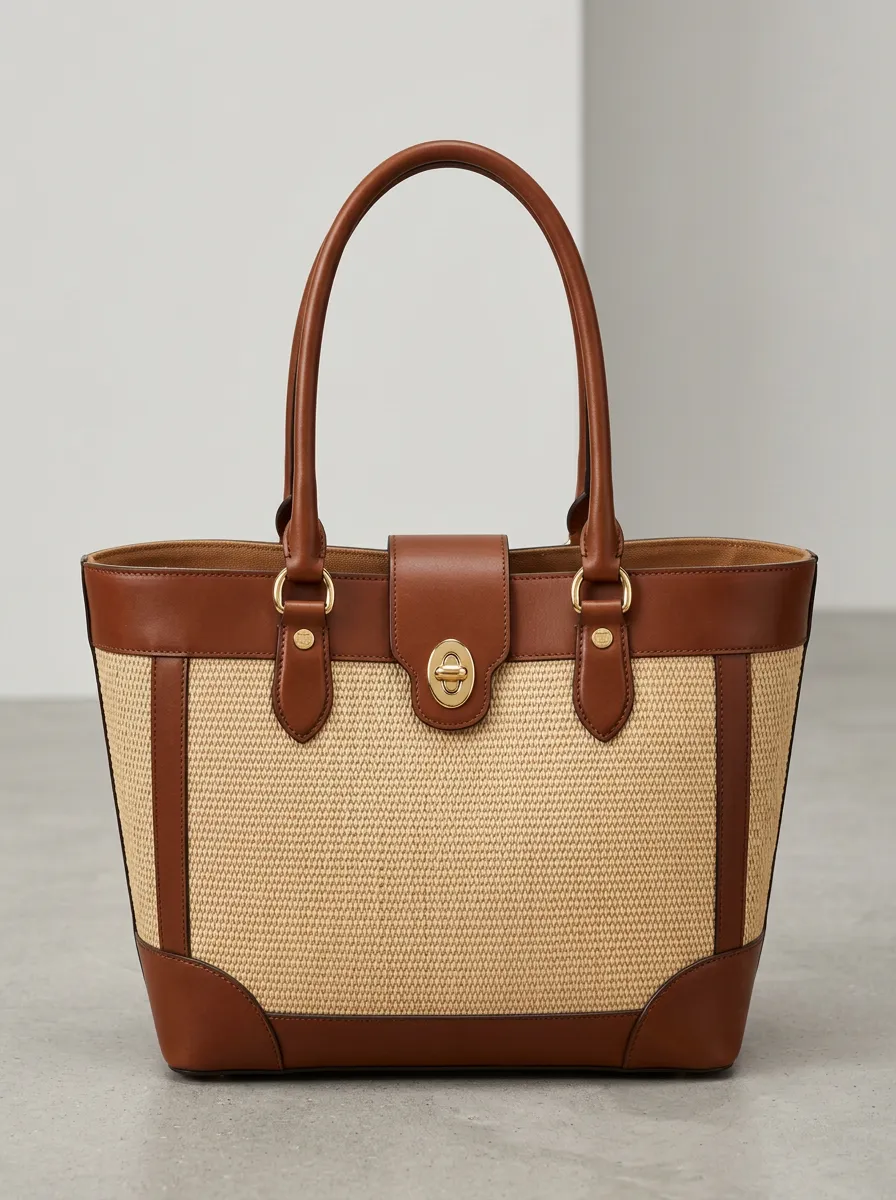 Woven Leather-Trim-Look Textured Women's Tote Bag