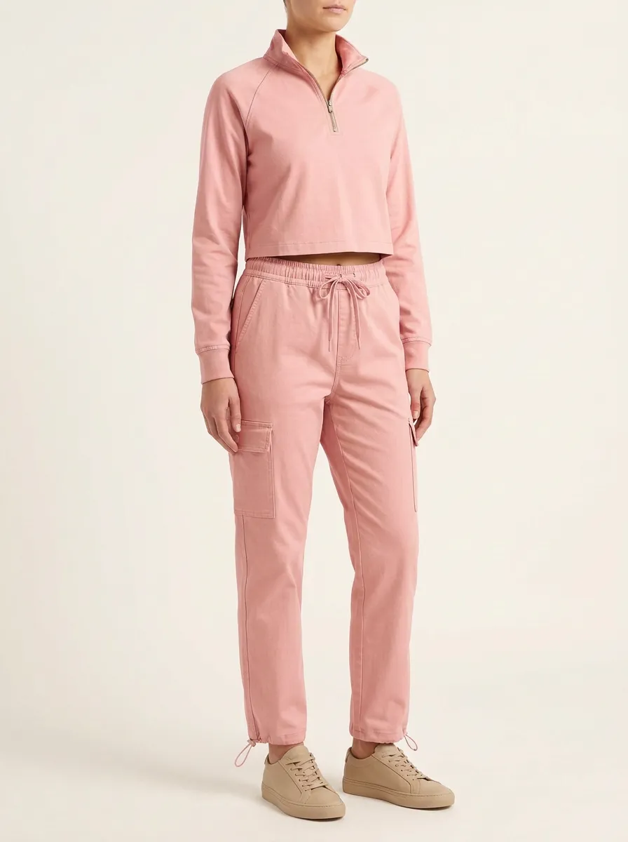 Women's Raglan Quarter-Zip Cropped Pullover and Toggle-Hem Cargo Jogger Set