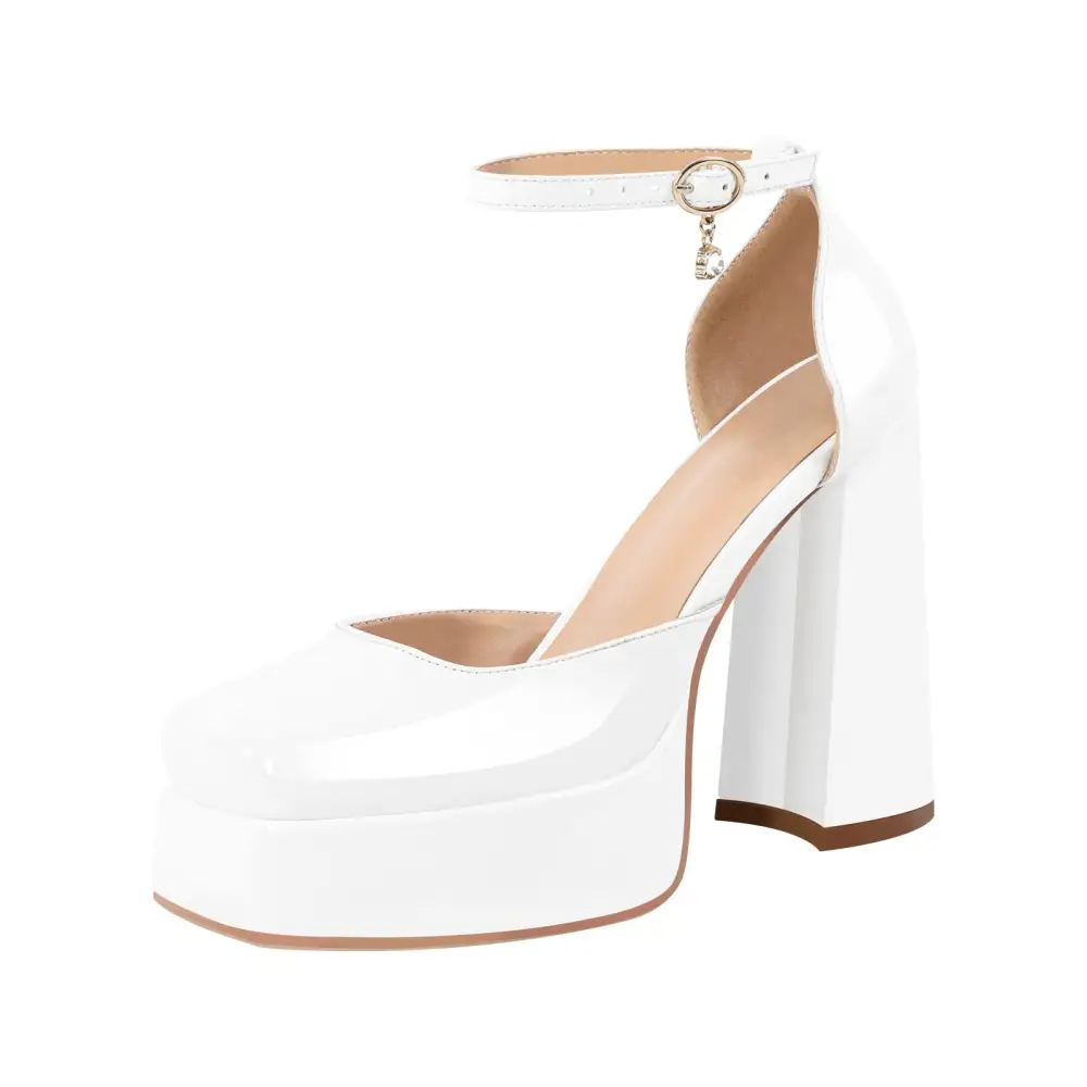 Modern Patent Finish Square Toe Low Platform Chunky Heel Pumps