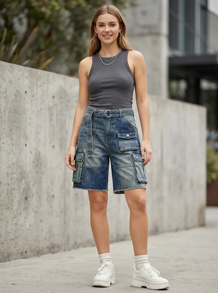 Women's Casual Streetwear Multi-Pocket Belted Denim Cargo Shorts