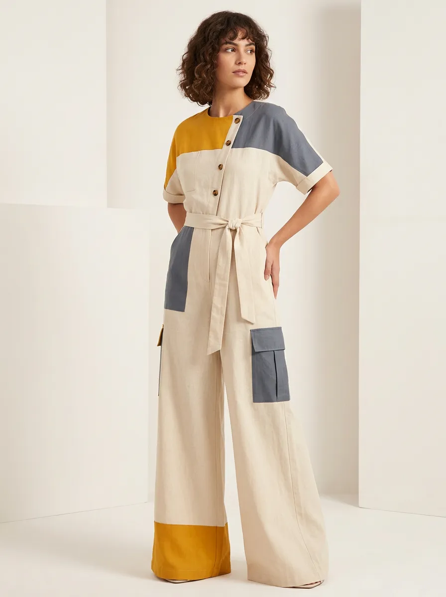 Women's Casual Style Colorblock Patchwork Belted Jumpsuit