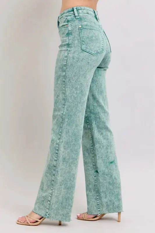 High Waist Garment Dyed Raw Hem Denim Jeans