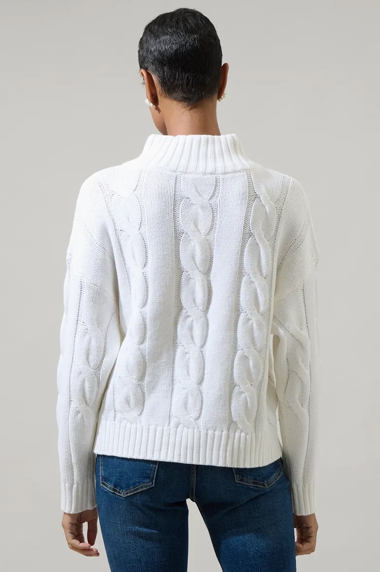 White Cable Knit Half Zip High Neck Sweater