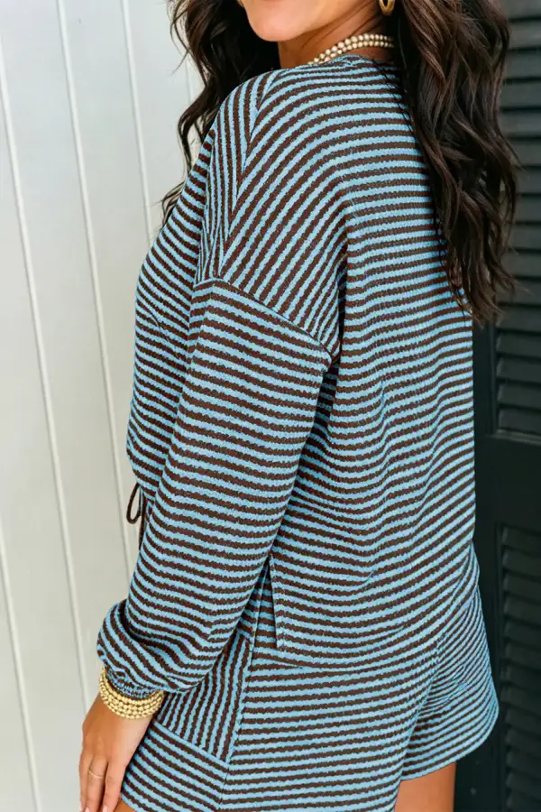 Women's Textured Knit Long Sleeve Top Elastic Waist Shorts Casual Outfit