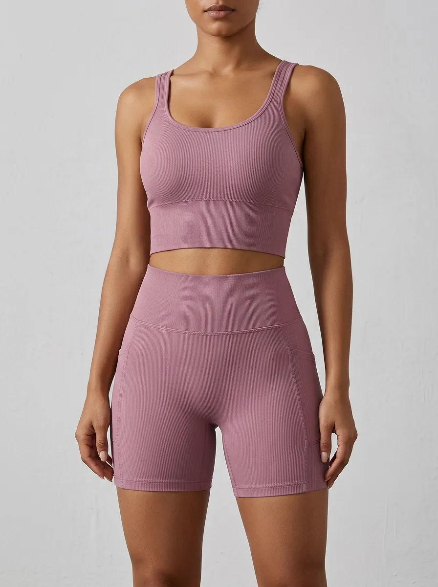 Easy-Wear Ribbed Texture Seamless Design Silhouette Women's Tank Top And Sports Shorts Set