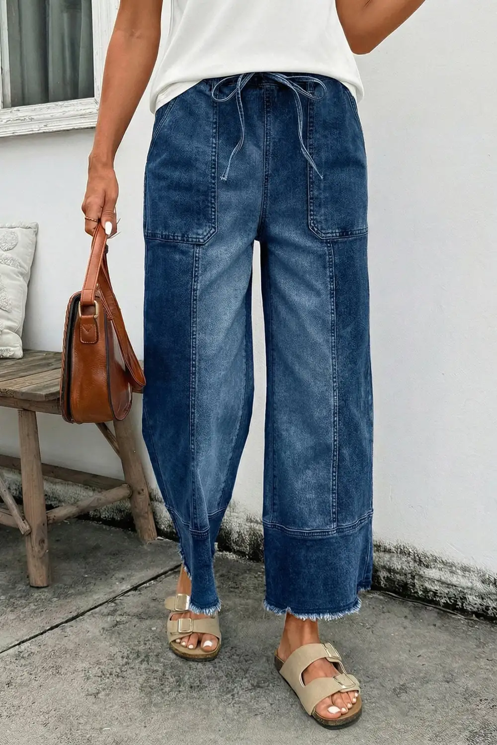 Women's Drawstring Raw Hem Wide Leg Denim Pants