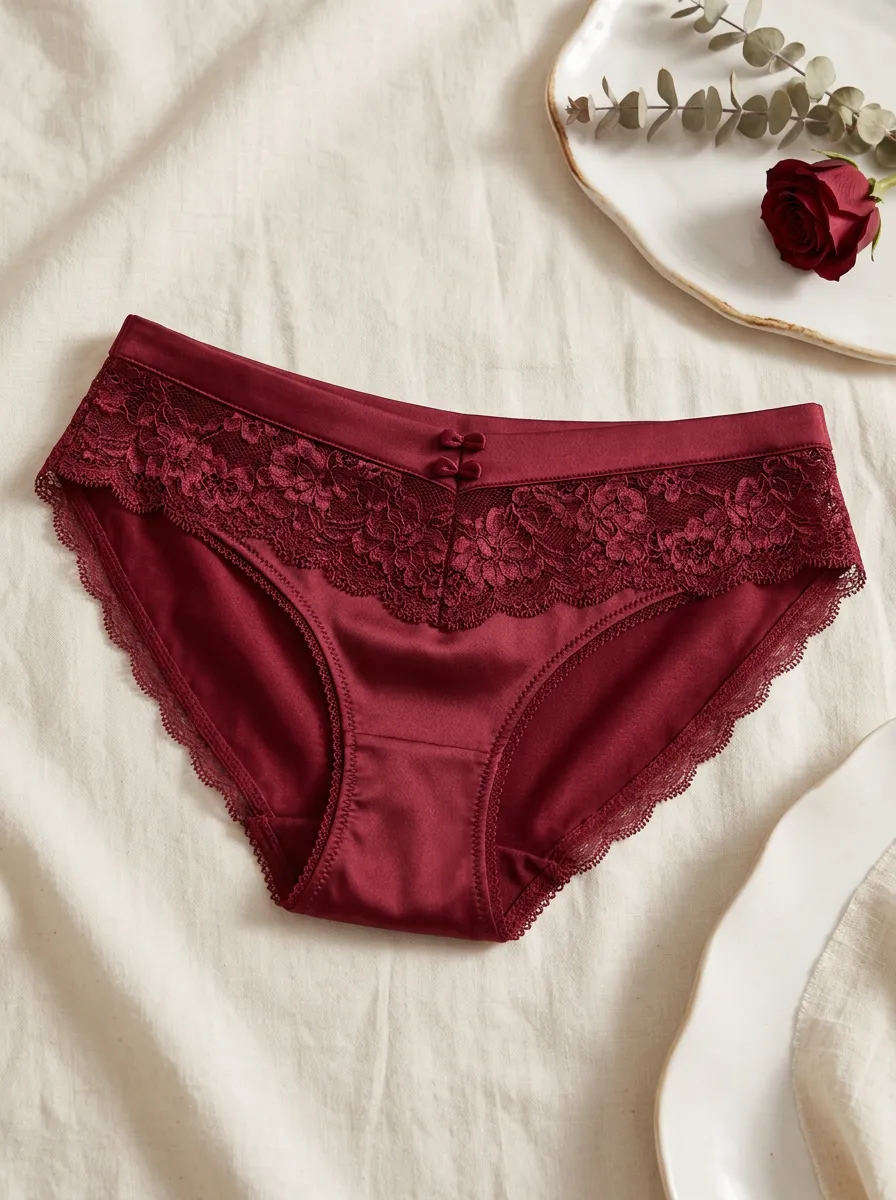 Women's Romantic Burgundy Floral Lace Trimmed Panties