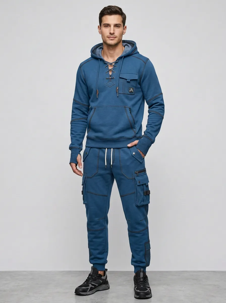 Core Lace-Up Multi Pocket Look Men's Lace Up Hoodie And Cargo Jogger Set
