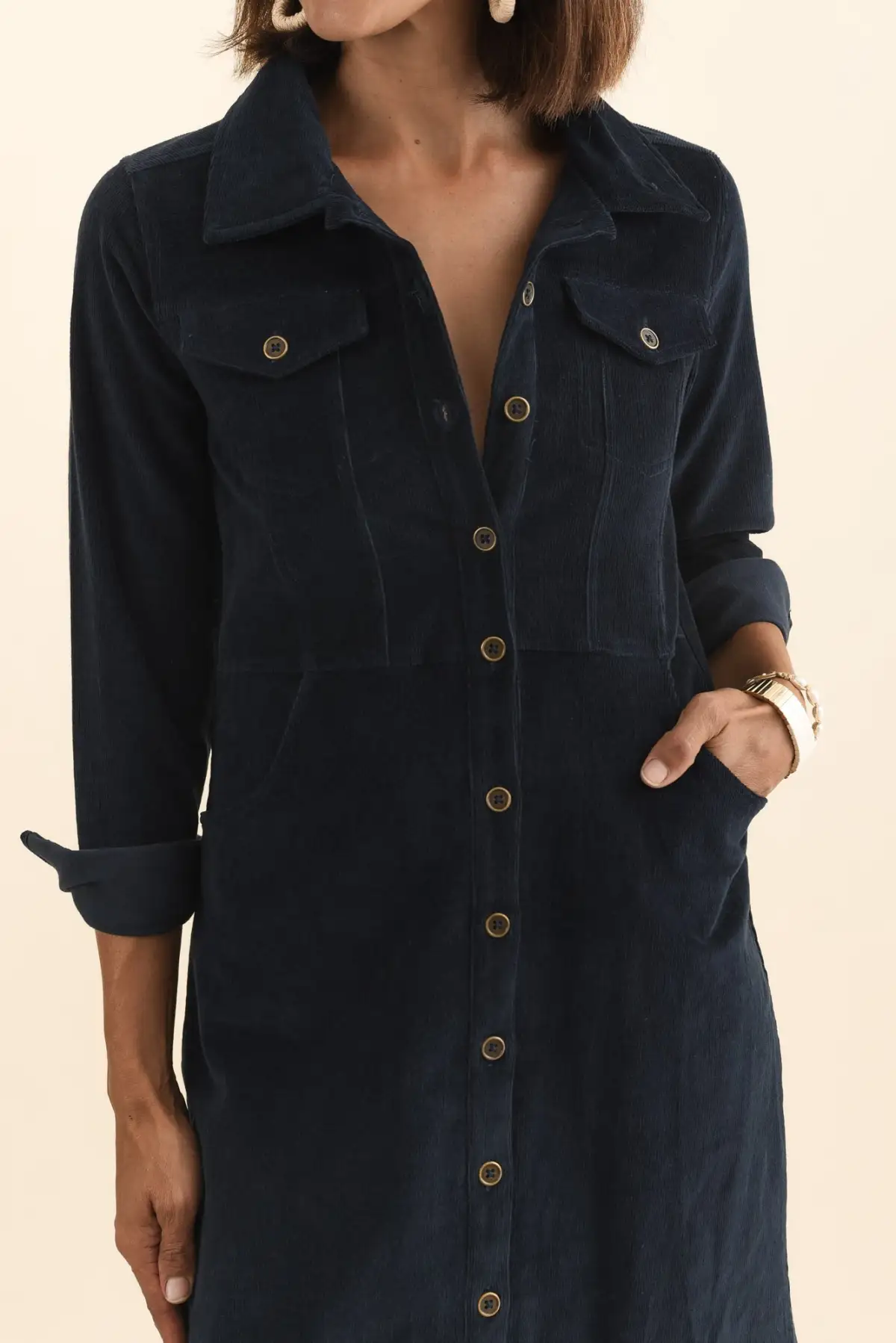 Cotton Button-Front Pocket Collared Long-Sleeve A-Line Knee-Length Dress
