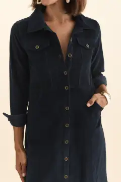 Cotton Button-Front Pocket Collared Long-Sleeve A-Line Knee-Length Dress