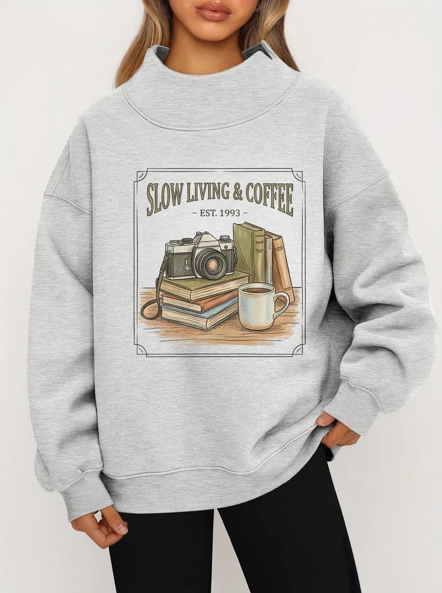 Women's Slow Living Coffee Book Camera Graphic Sweatshirt