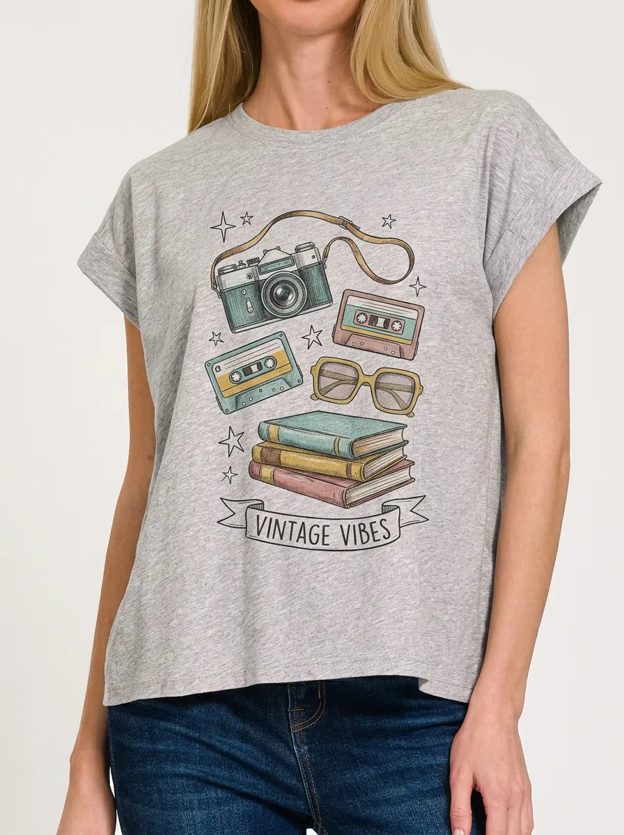 Women's Retro Nostalgia Camera Cassette Books Graphic T-Shirt