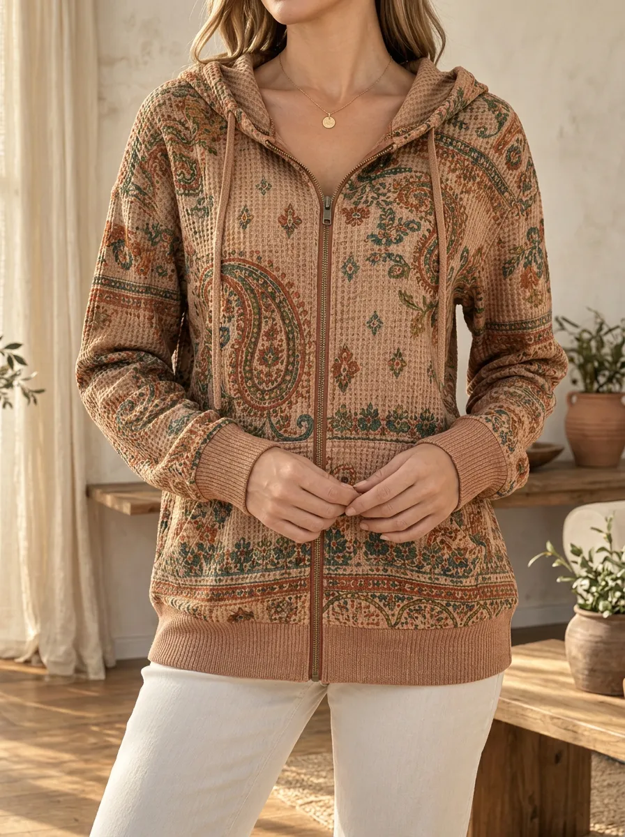 Women's Boho Paisley Signature Print Waffle Zip-Up Hoodie