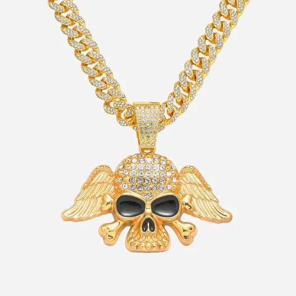💀 NOT MADE TO BLEND IN. 🔥  Turn heads the second you walk in.  This iced-out Cuban chain features a bold winged skull pendant, packed with eye-catching shine and serious street attitude. Whether you choose Gold or Silver, this piece instantly upgrades y