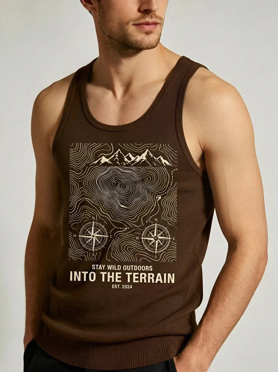 Men's Outdoor Hiking Mountain Compass Printed Tank Top