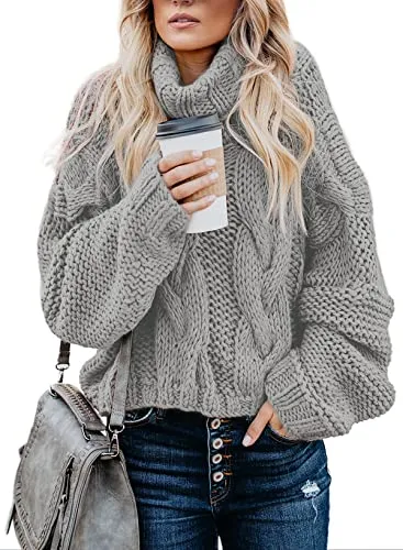 Womens Turtle Cowl Neck Solid Color Soft Comfy Cable Knit Pullover Sweaters S-2XL
