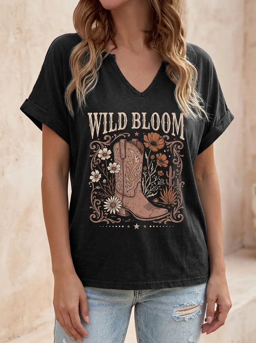Cowboy-Boot Floral Western Women's V-Neck T-Shirt