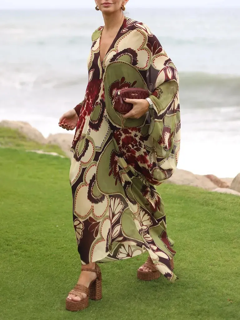 Retro Print Flowing Bat Maxi Dress