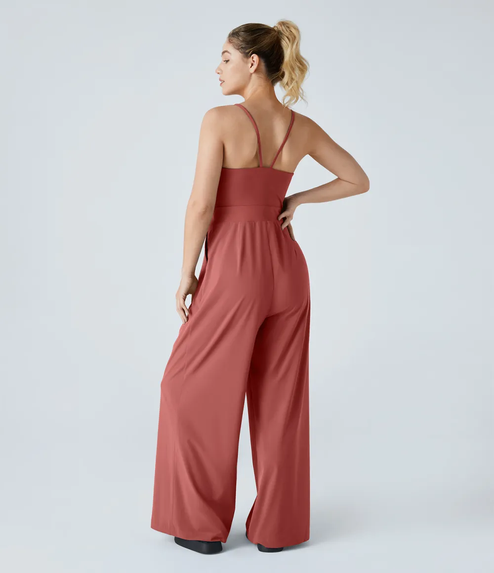 Breezeful Backless Side Invisible Zipper Pocket Wide Leg Quick Dry Resort Slip Jumpsuit