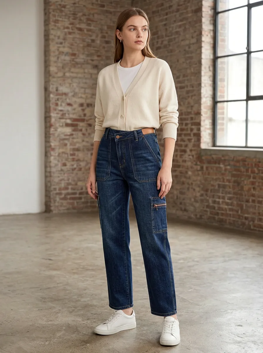 Women's Modern Casual High-Waisted Cargo Pocket Denim Straight Jeans