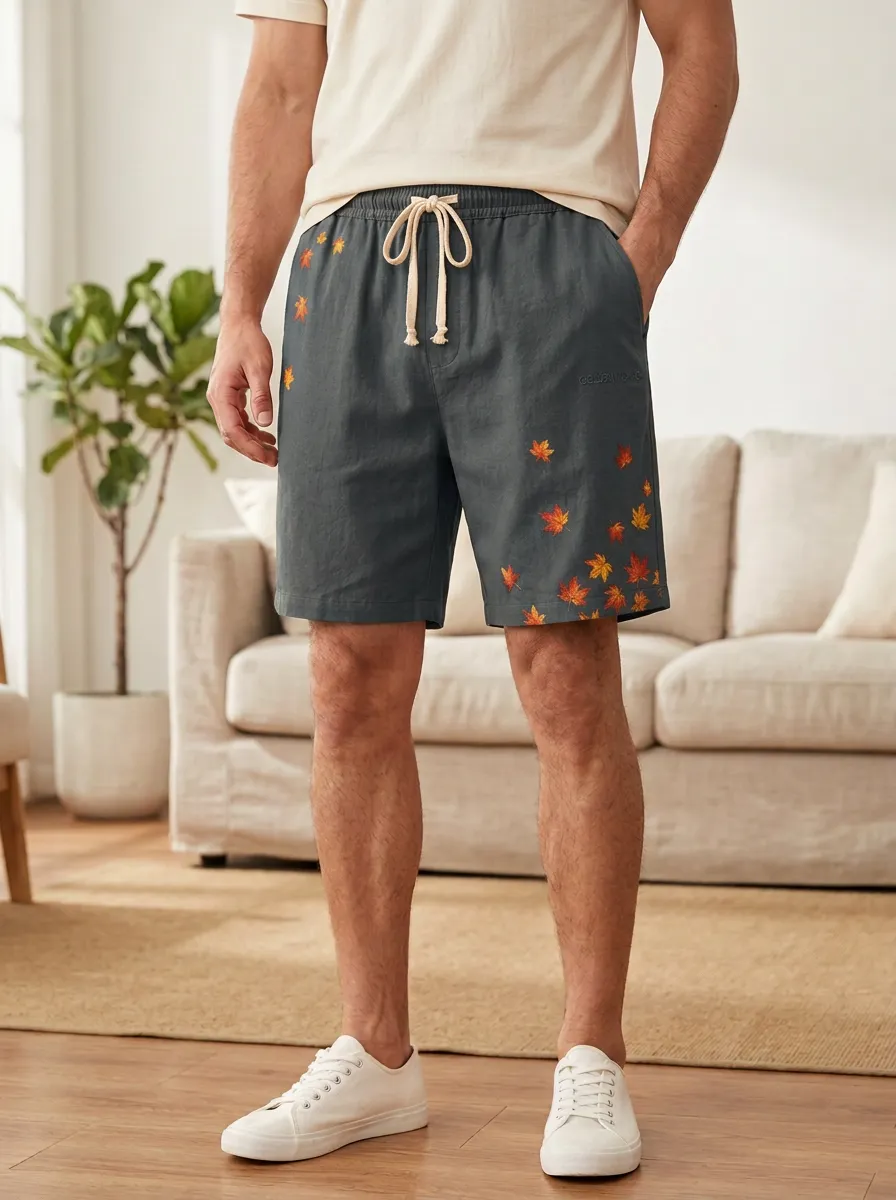 Tan Maple Leaf Embroidered Drawstring Drawstring Shorts
