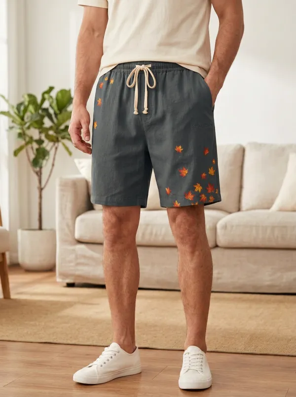 Tan Maple Leaf Embroidered Drawstring Drawstring Shorts