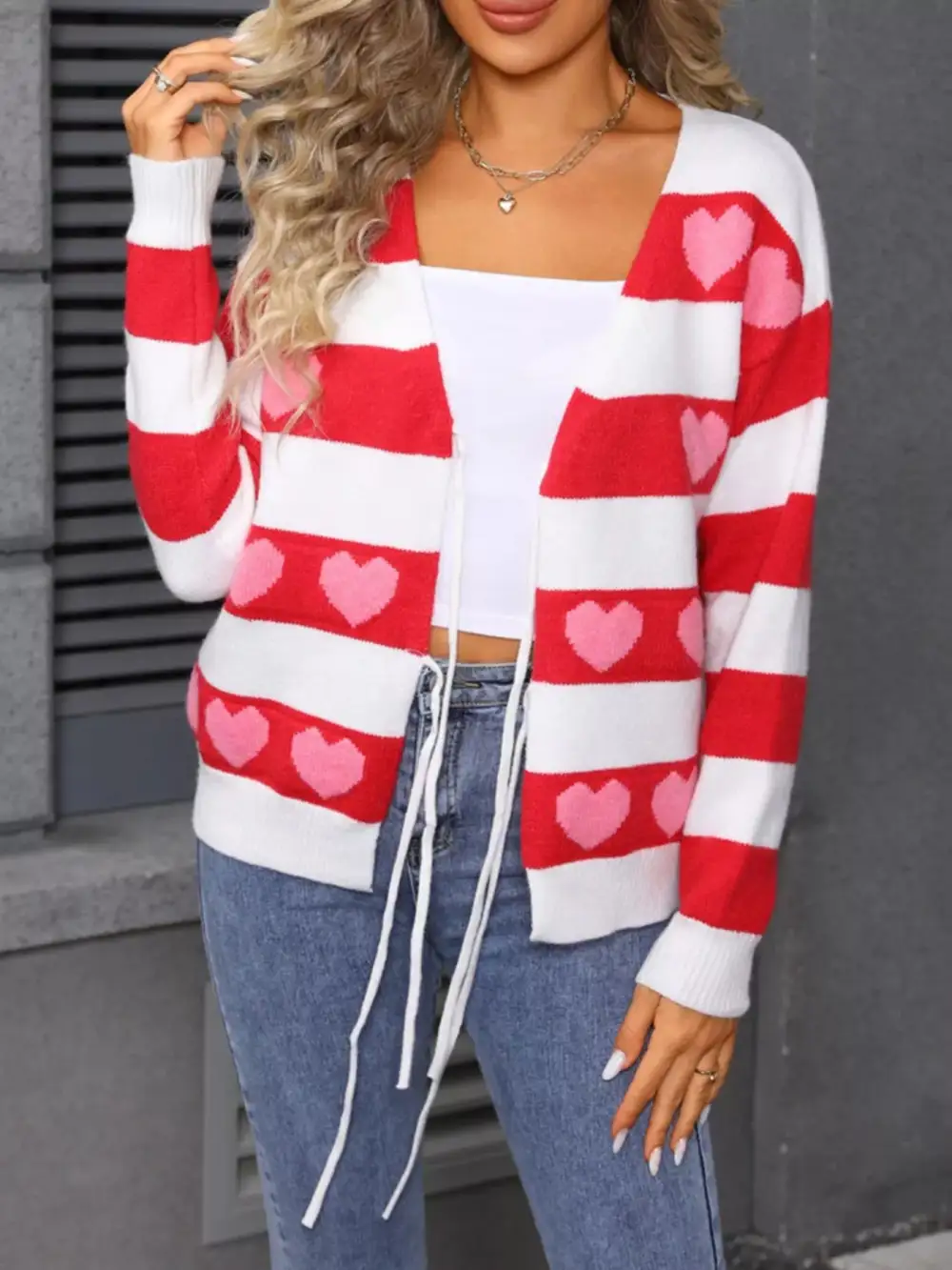 Valentine's Day Heart Pattern Striped Tie Front Cardigan