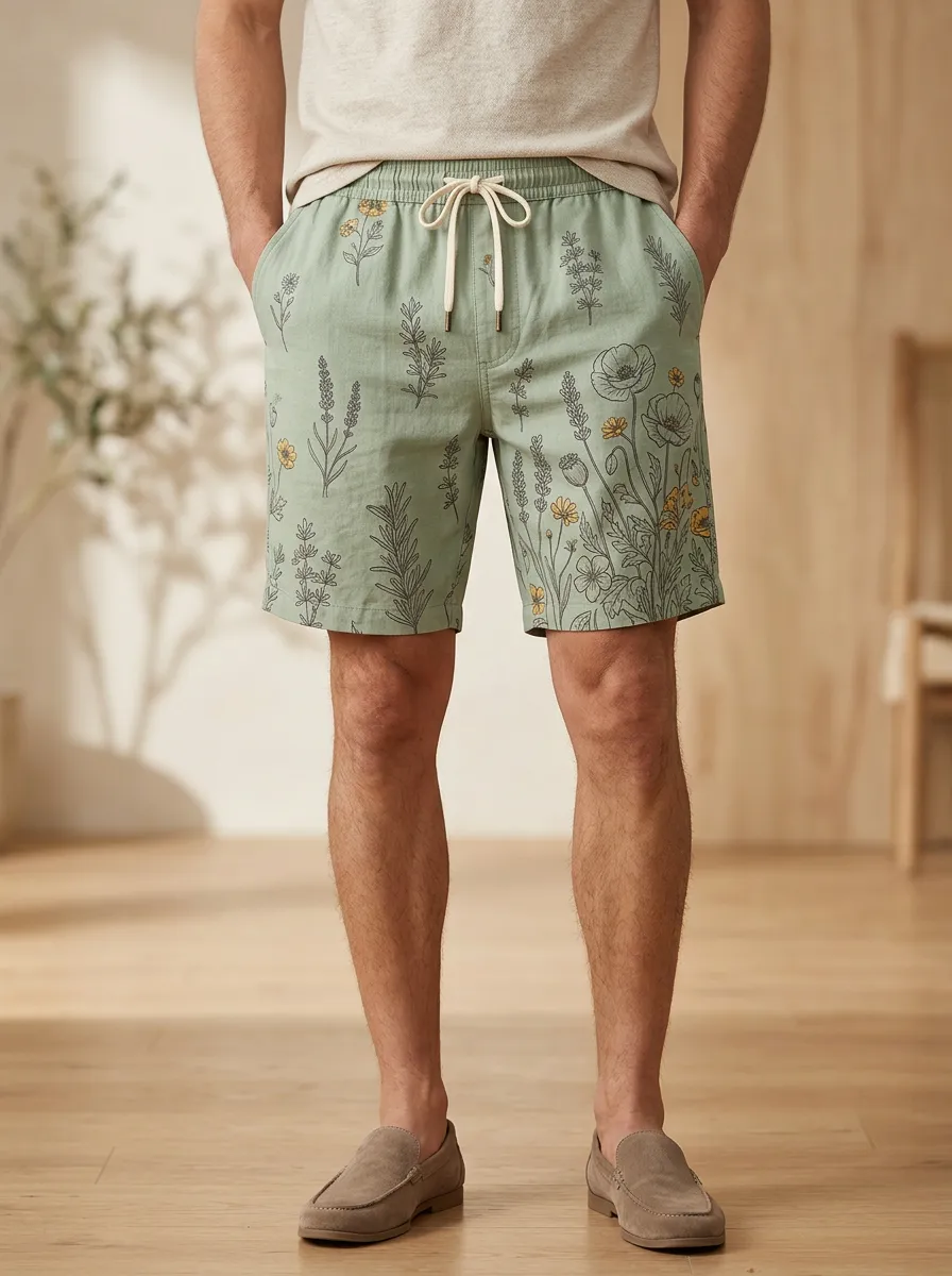 Men's Casual Botanical Nature Wildflower Drawstring Shorts