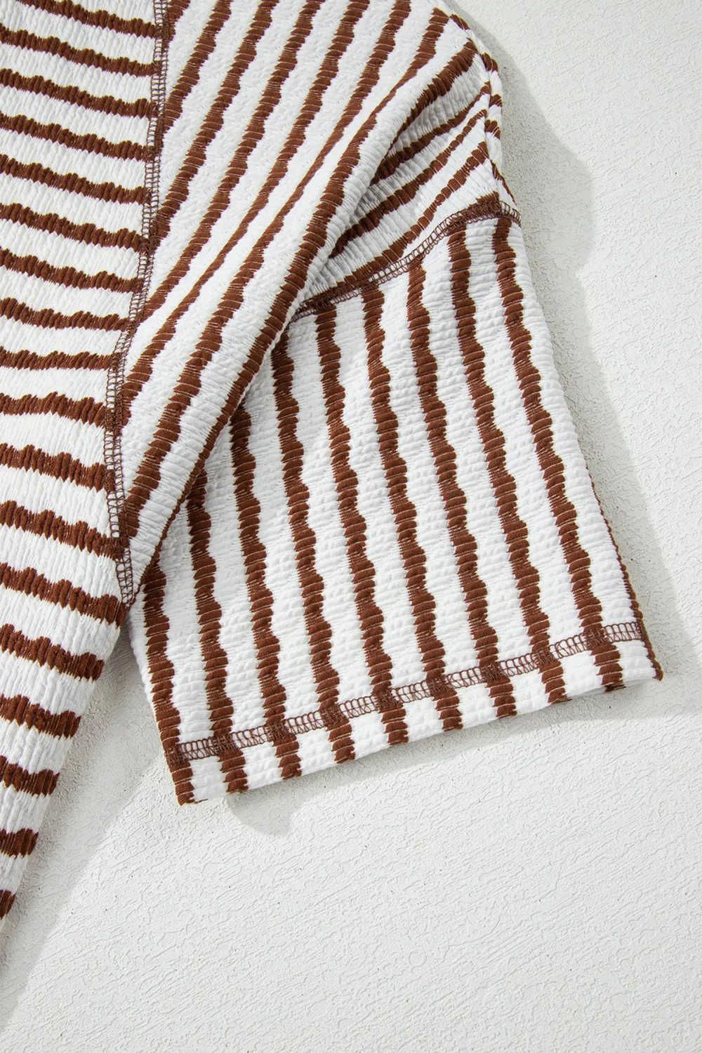 Brown Stripe Textured Knit Split Top