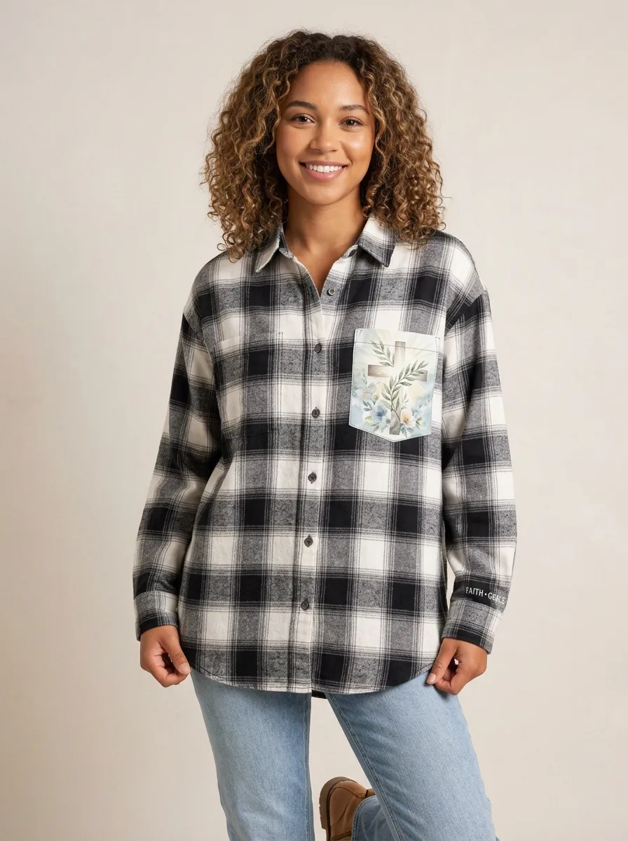 Women's Christian Faith Floral Cross Pocket Printed Flannel Shirt