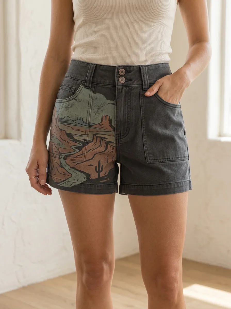 Women's Relaxed Desert Landscape Cactus Printed Denim Shorts