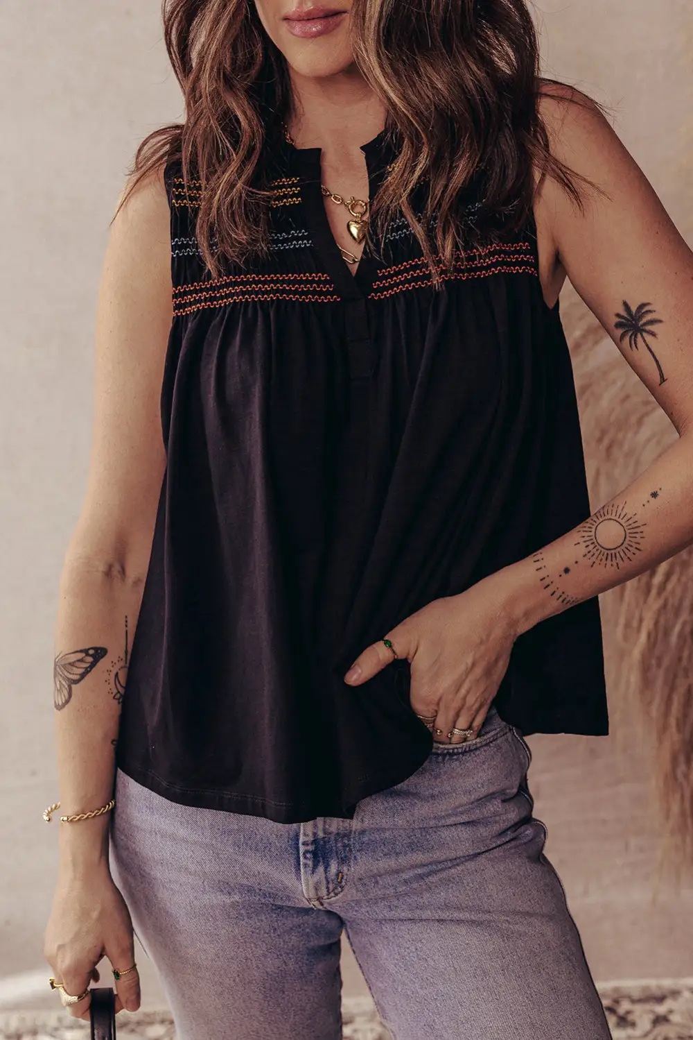 V-Neck Notched-Neck Shirred-Yoke Shirred  Tank Top