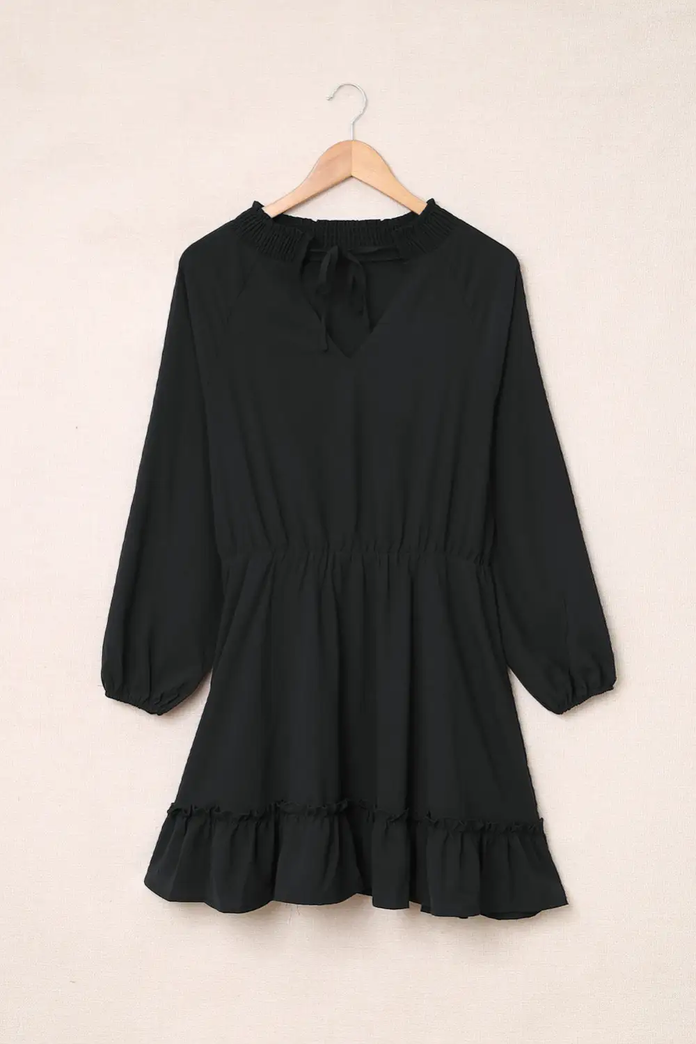 Bubble Sleeve Split Neck Ruffle Tunic Dress