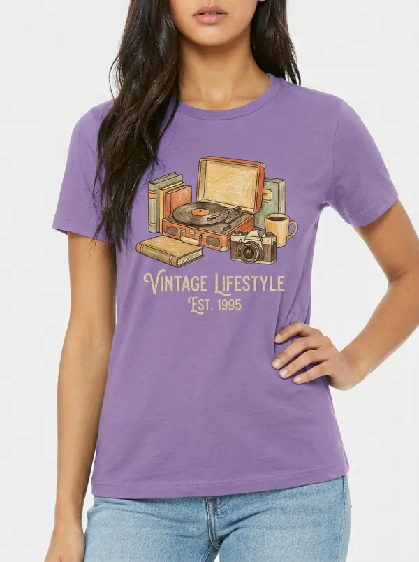 Women's Vintage Lifestyle Record Player Camera Books Printed T-shirt