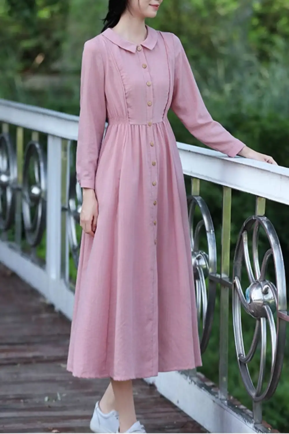 Linen Cotton Fit And Flare Lapel Collar Long Sleeve Midi Dress