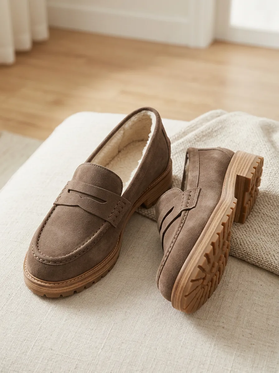 Women's Rugged Faux Fur Lined Winter Suede Wood Sole Loafers