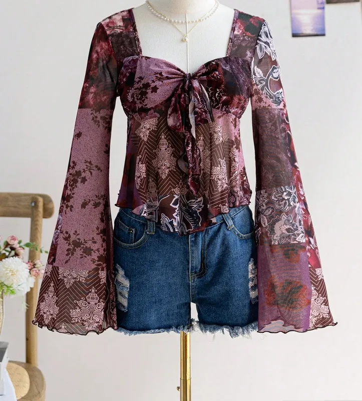Women's Bow Tie Flare Sleeve Blouse