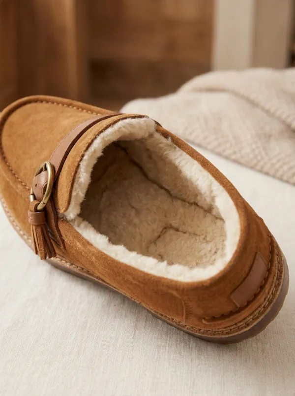 Women's Classic Faux Fur Lined Buckle Detail Winter Suede Wood Sole Loafers