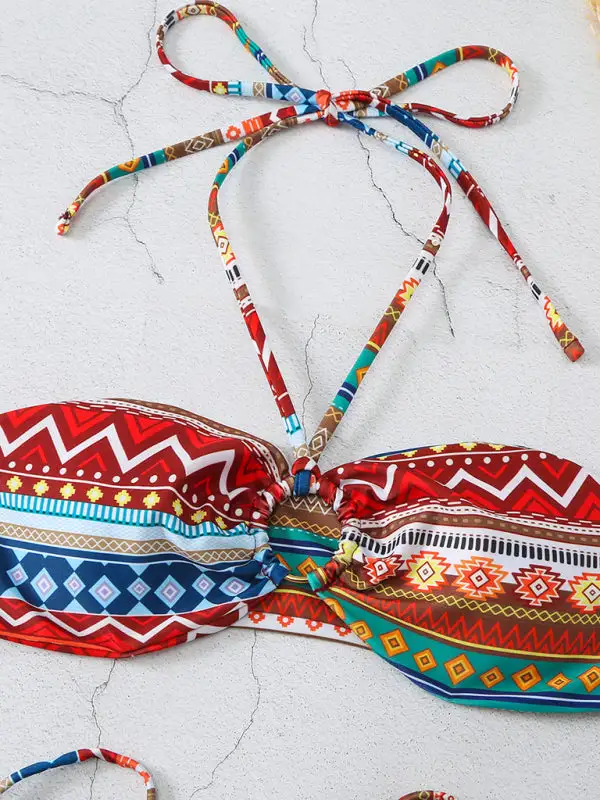 Halterneck Lace Up Adjustable Briefs Printed Swim Set