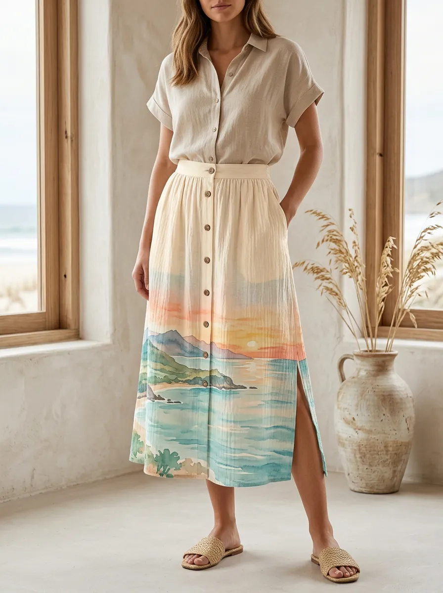 Women's Landscape Print Button-front Midi Skirt