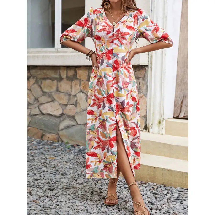 Printed V-neck Half Sleeve Midi Dress