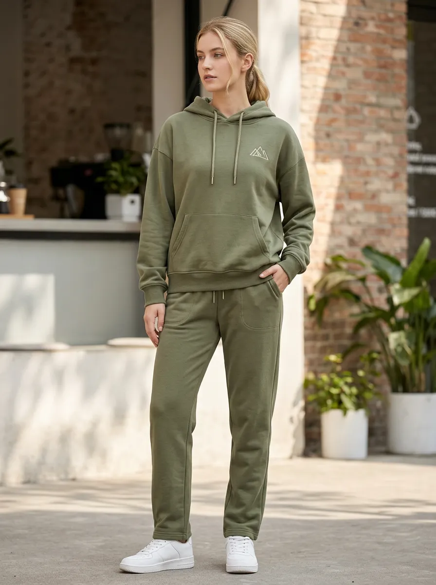 Women's Outdoor Hiking Mountain Printed Olive Green Hooded Tracksuit
