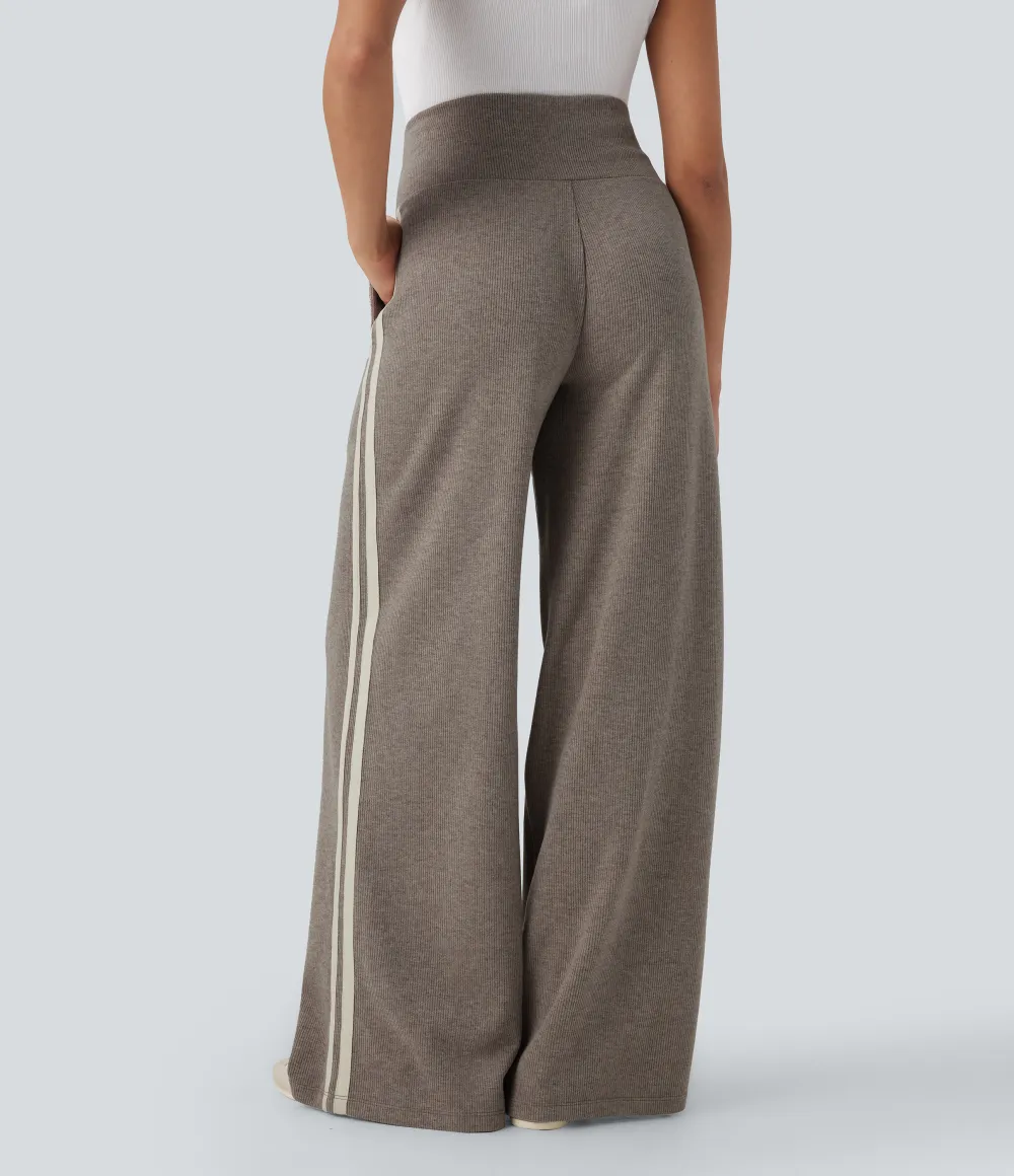 2026🔥  Ribbed SoCinched High Waisted Tummy Control Drawstring Wide Leg Color Block Casual Trousers with Pockets