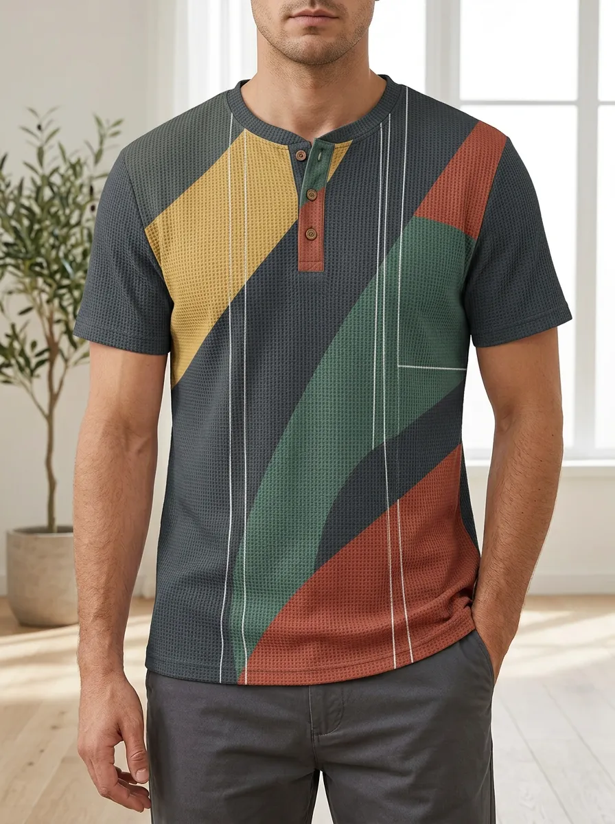 Men's Fresh Geometric Colorblock Waffle Knit Henley T-Shirt