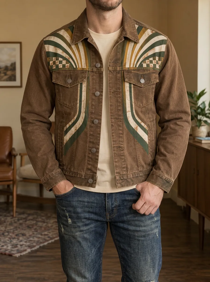 Men's Retro Vintage Style Checkered Sunburst Printed Jacket