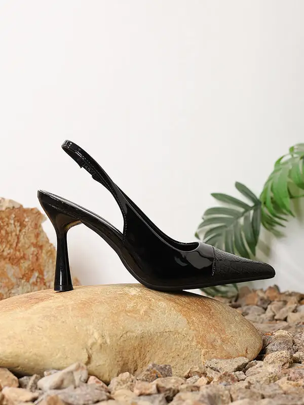Pointed-Toe Panel Detail Slide Heeled Sandals