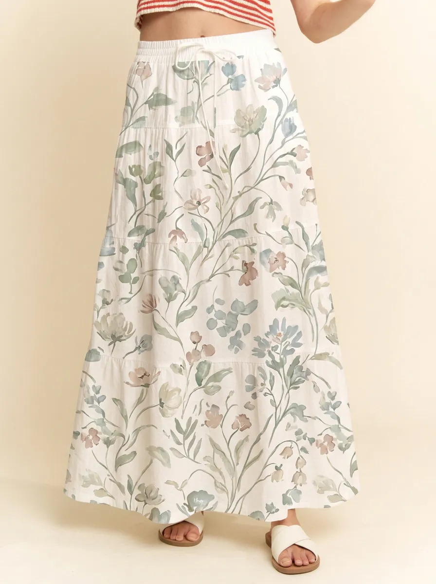 Women's Boho Floral Botanical Watercolor Printed Maxi Skirt