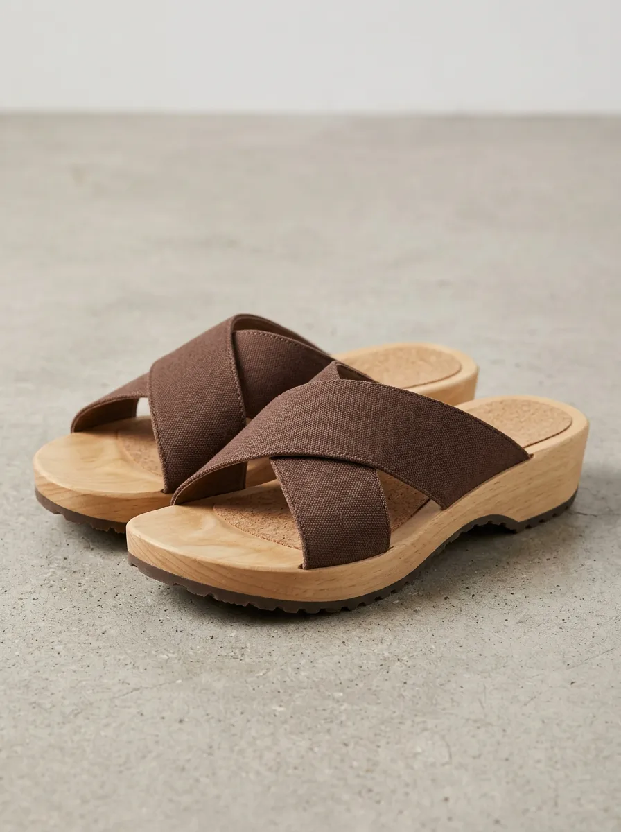 Men's Canvas-Texture Crisscross Wooden-Platform Clog Sandals